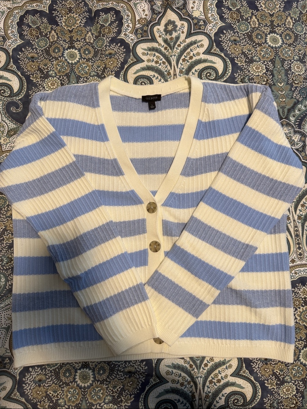 Talbots Blue and Cream Striped V‑Neck Button Cardigan